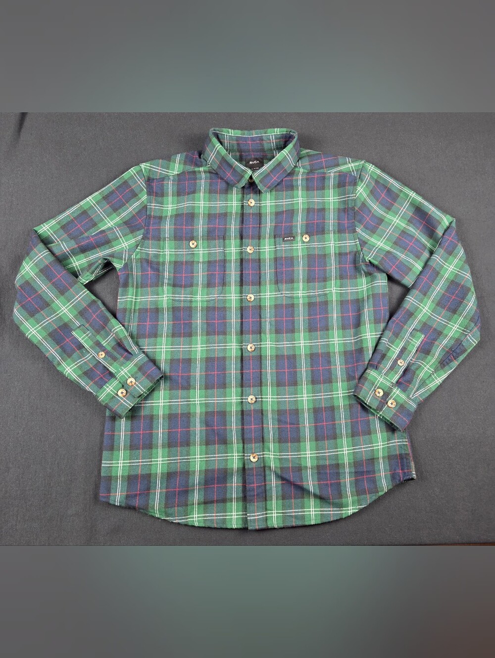 RVCA Flannel Shirt Mens Medium Green And Navy Plaid Dual Pockets Regular Fit